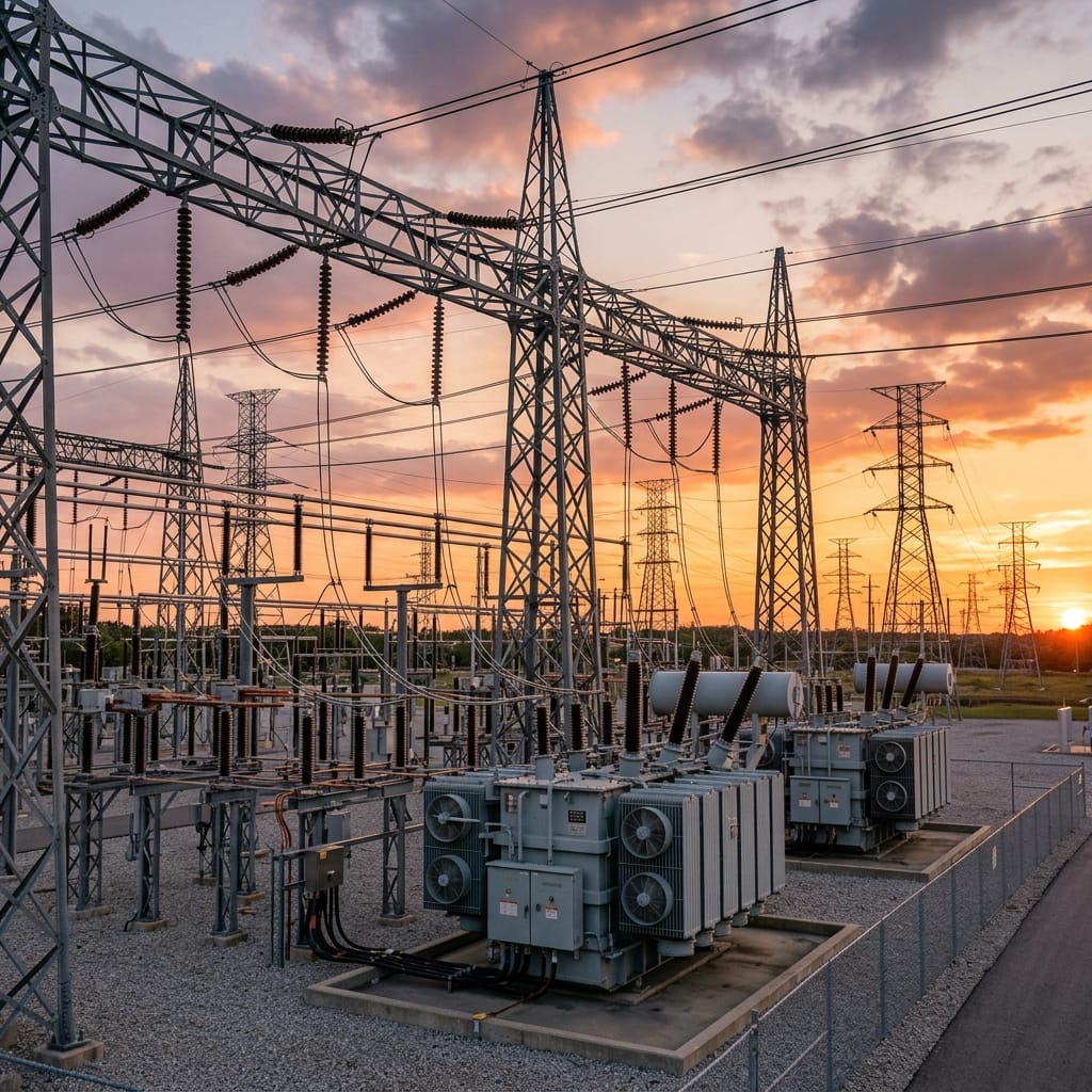 Massive high-voltage electrical substation and transmission towers at sunset